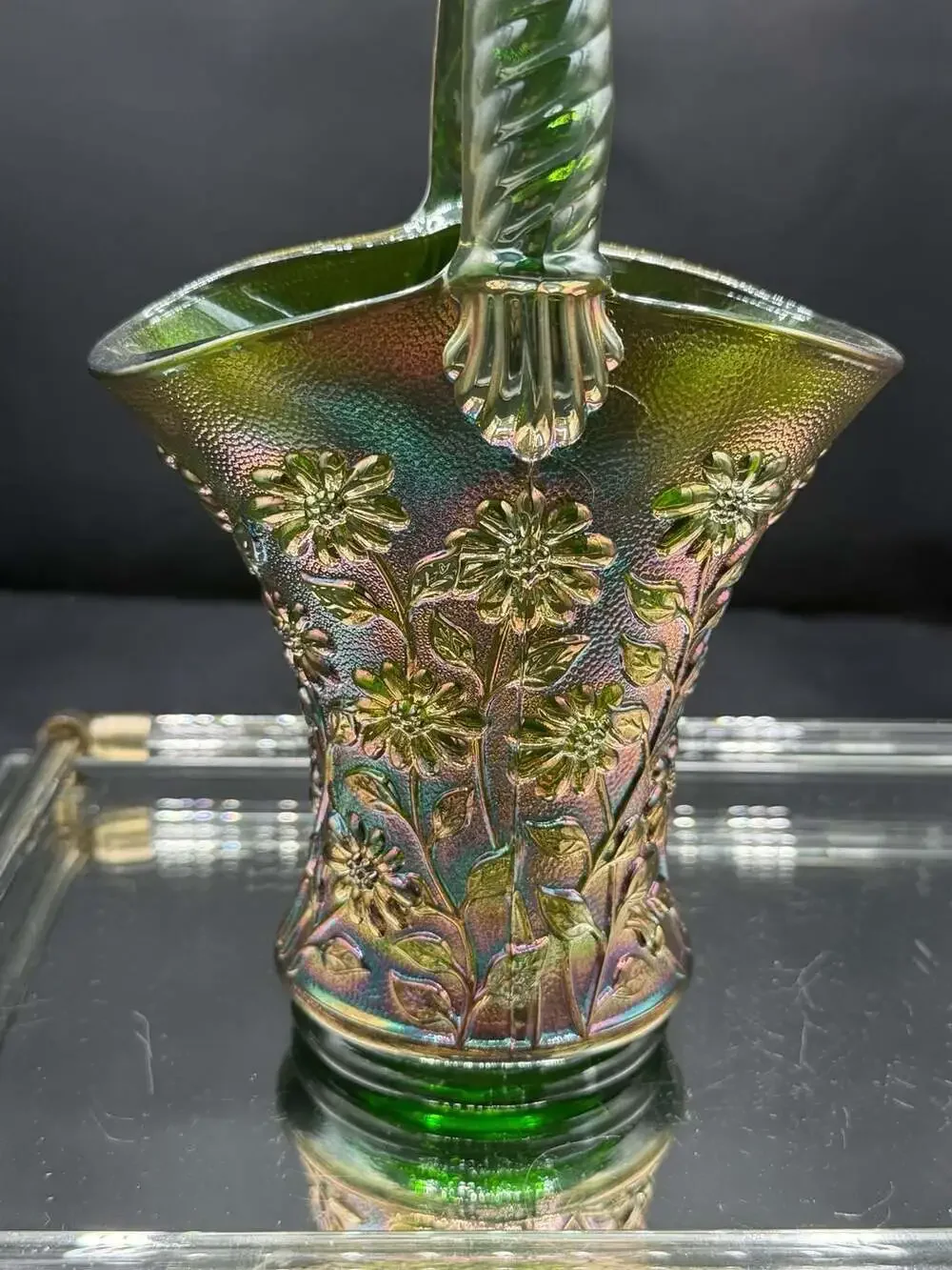 Imperial Helios Green Carnival Glass Daisy Basket